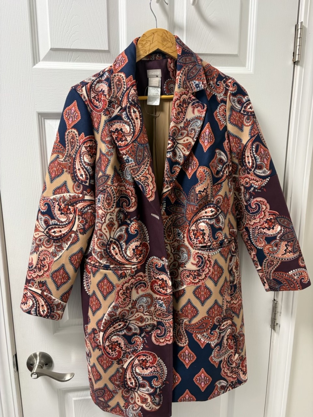 Chico's Navy, Burgundy & Beige Paisley Trench Coat 1P